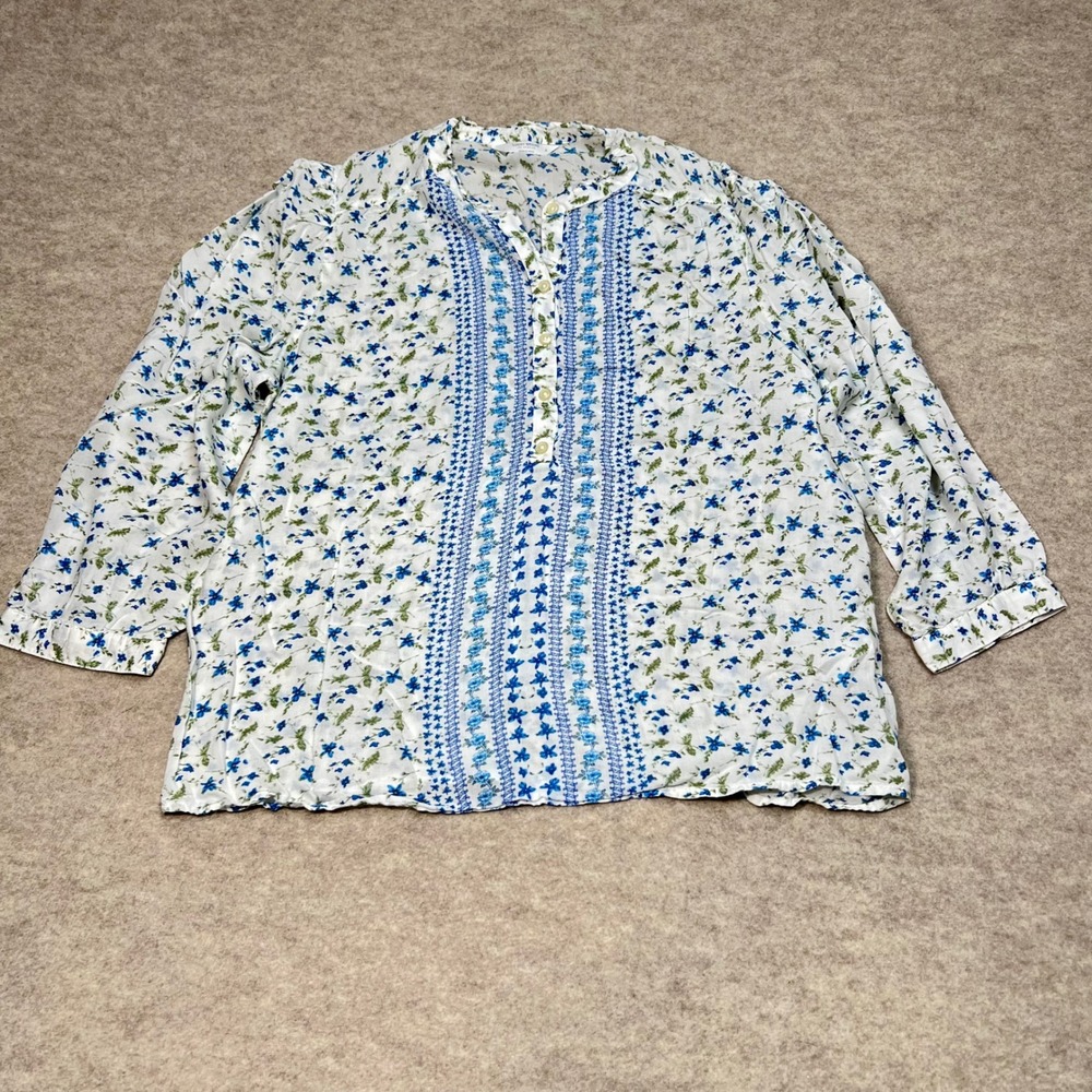 Lucky Womens Blue Floral Modal Button Up Blouse Medium Boho Cottagecore Peasant